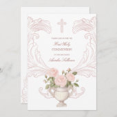 Invitation Delicate Roses Frame First Communion (Devant / Derrière)