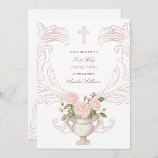 Invitation Delicate Roses Frame First Communion (Devant / Derrière)