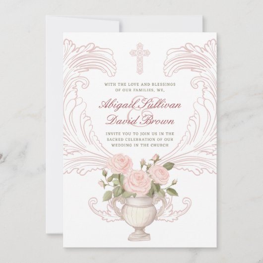 Invitation Delicate Roses Vase Catholic Wedding (Devant)