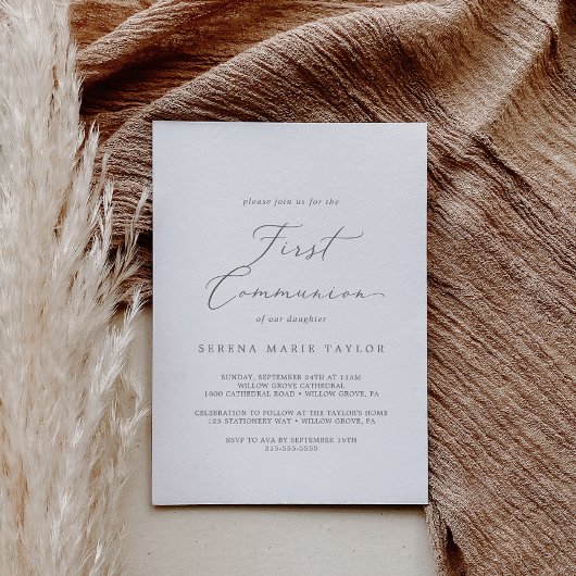 Invitation Delicate Silver Calligraphy First Communion