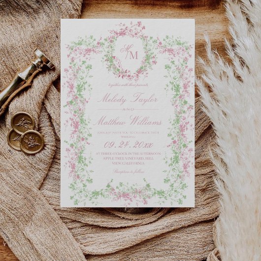 Invitation Delicate Soft Pastel Ornate Crest Monogram Wedding