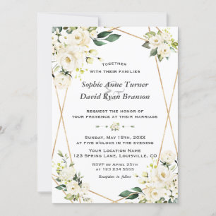 Invitation Delicate White Flowers Gold Monogram Wedding