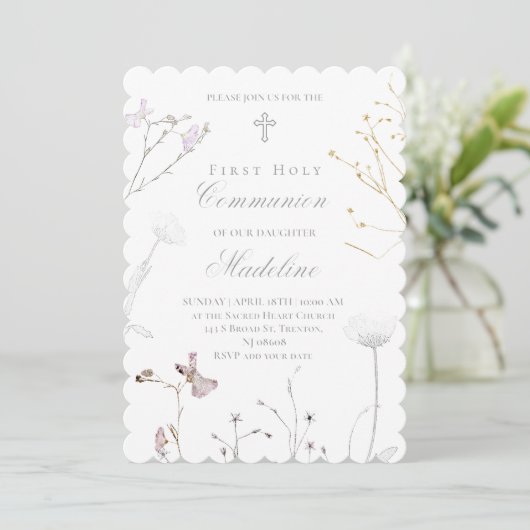 Invitation delicate wildflowers First Holy Communion (Debout devant)