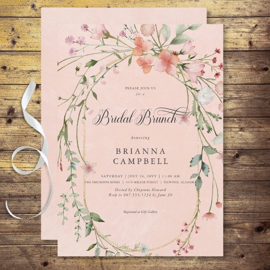 Invitation Délicates Fleurs Sauvages Roses Rustiques Brunch d