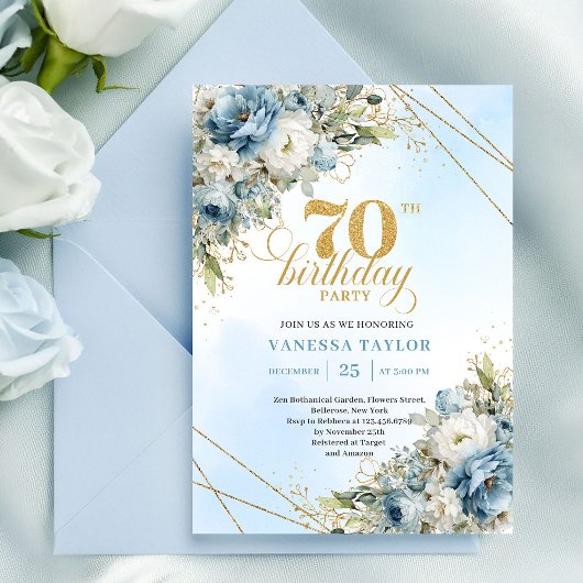 Invitation Délicats floraux bleus boho cadre or 70e anniversa