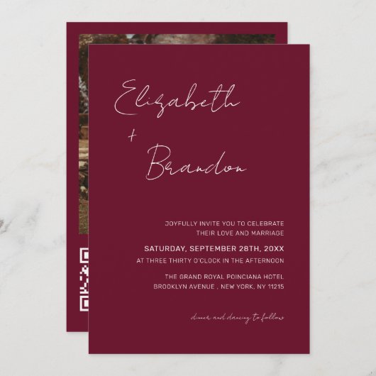 Invitation Delicic Burgundy Red QR Code RSVP Mariage Photo (Devant / Derrière)