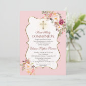 Invitation Délicieuse Blush Rose Floral Première Sainte Commu (Debout devant)