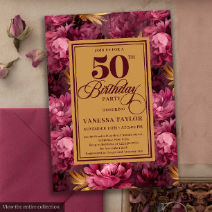 Invitation Délicieuse merlot blush or floral 50e anniversaire