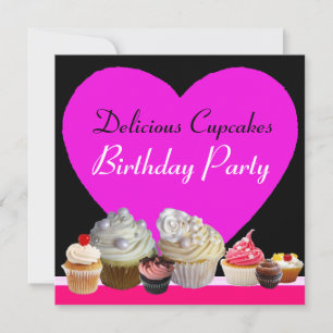Invitation DÉLICIEUX CUPCAKES ANNIVERSAIRE FÊTE coeur rose no