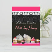 Invitation DÉLICIEUX CUPCAKES ANNIVERSAIRE FÊTE, rouge rose n (Debout devant)