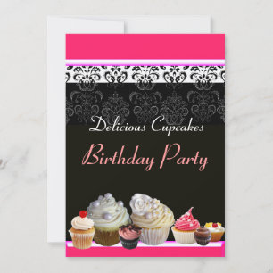 Invitation DÉLICIEUX CUPCAKES ANNIVERSAIRE FÊTE, rouge rose n