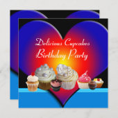 Invitation DÉLICIEUX CUPCAKES ANNIVERSAIRE PARTI Bleu Coeur r (Devant / Derrière)