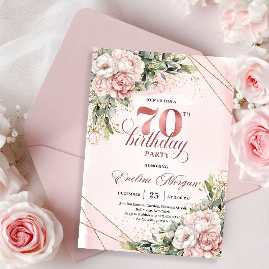 Invitation Delightful Blush Pink Shimmering Floral 70th Bday
