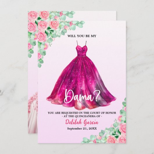 Invitation Demande de Dama de Quinceañera Formel Rose Élégant (Devant / Derrière)