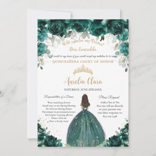 Invitation Demande de Dama Floral Vert Emeraude Quinceañera (Devant)