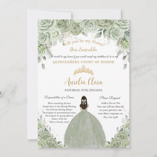 Invitation Demande de Dama Floral Vert Quinceañera Sage (Devant)