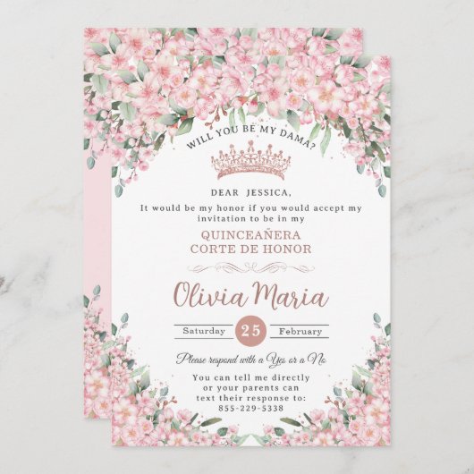 Invitation Demande de Dama Or Rose en fleurs de cerises Quinc (Devant / Derrière)