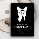 Invitation Demande de Groomsman Black Tuxedo<br><div class="desc">Invitation vos groomsmen avec cette carte de demande moderne avec un tuxedo classique. Ajoutez simplement les détails de votre événement sur ce modèle facile à utiliser pour en faire une invitation unique. Retournez la carte pour révéler un motif rayé noir et blanc au dos de la carte.</div>