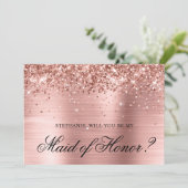 Invitation Demande de témoin de mariage pailletée or rose (Debout devant)