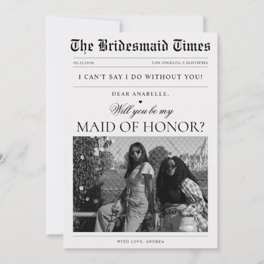 Invitation Demande de témoin unique dans un journal (Devant)