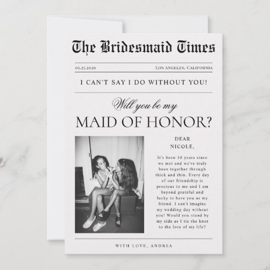 Invitation Demande de témoin unique dans un style journalisti (Devant)