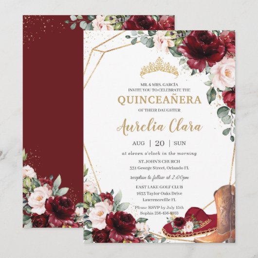 Invitation Démarrage du Casquette Quinceañera Burgundy Blush  (Devant / Derrière)