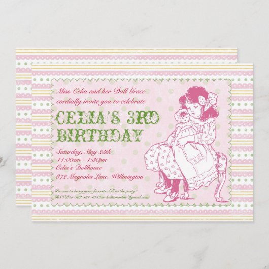 Invitation démodée de partie de poupée (Devant / Derrière)