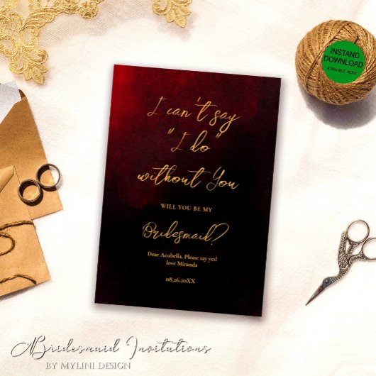 Invitation Demoiselle d'honneur élégante or rouge et noir