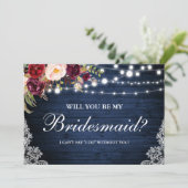 Invitation Demoiselle d'honneur Fleurie en Bois Bleu Rustique (Debout devant)