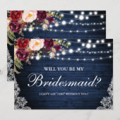 Invitation Demoiselle d'honneur Fleurie en Bois Bleu Rustique (Devant / Derrière)