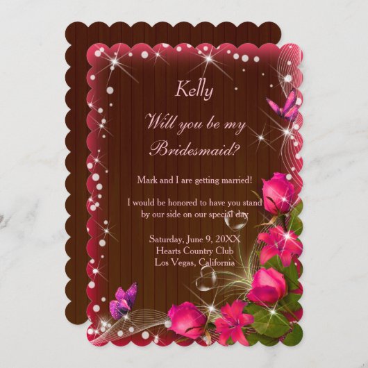 Invitation Demoiselle d'honneur papillon floral rose bois fon (Devant / Derrière)