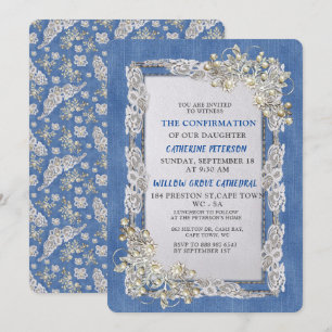 Invitation Denim avec dentelle de fleurs crème et perles