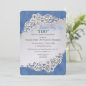 Invitation Dénim bleu, dentelle et perles d'ivoire (Debout devant)