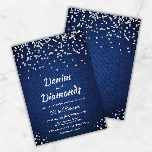 Invitation Denim bleu et diamants 21e anniversaire