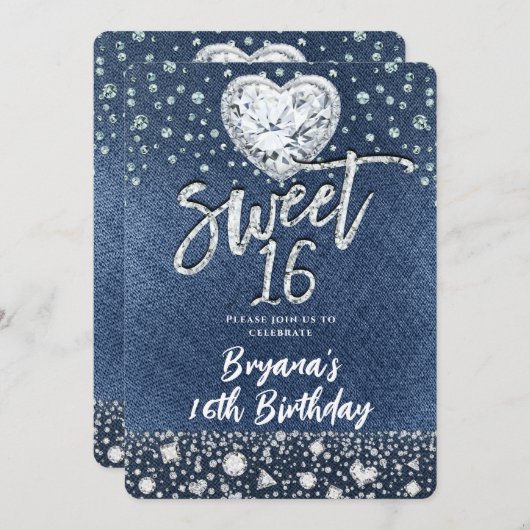 Invitation Denim & Bling Diamonds Sweet 16 Anniversaire (Devant / Derrière)