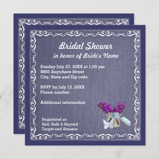 Invitation Denim Blue Burlap, Fleur violette, Jar Bride Douch (Devant / Derrière)