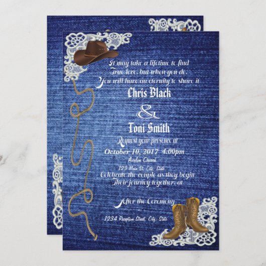 Invitation Denim, Boots & Lace Wedding (Devant / Derrière)