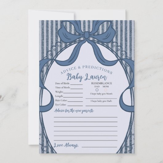 Invitation Denim Coquette Bow Blue Jean Advice for Baby Card (Devant)