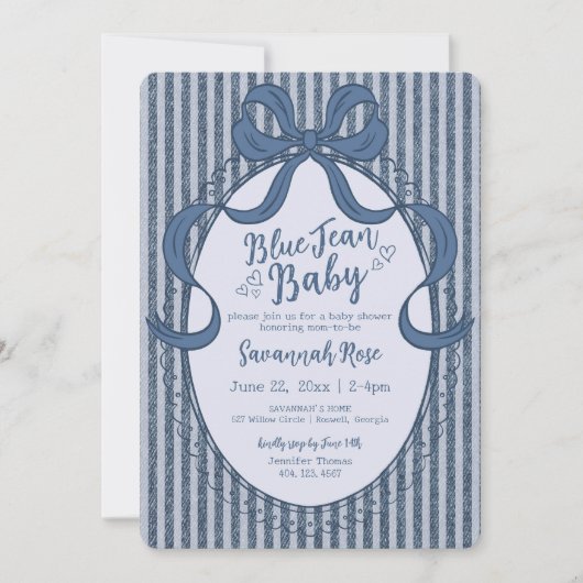 Invitation Denim Coquette Bow Blue Jean Baby Shower (Devant)