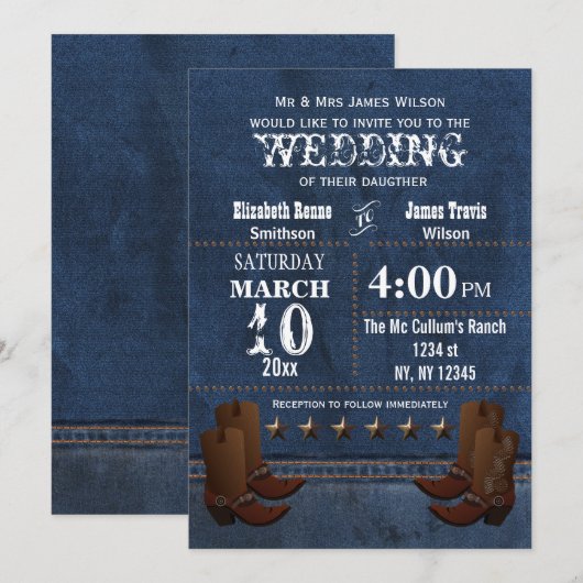 Invitation Denim Cowboy bottes Stars Occident mariage invite (Devant / Derrière)