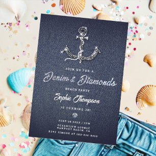 Invitation Denim Diamond Bling Ancre Nautique Anniversaire