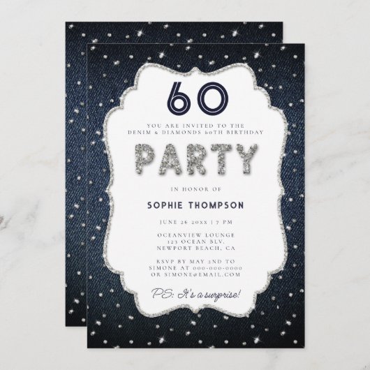 Invitation Denim Diamond Parties scintillant Frame 60e fête d (Devant / Derrière)