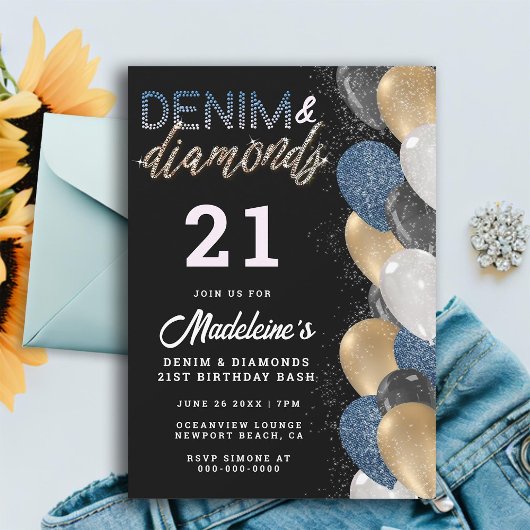 Invitation Denim Diamonds Balloons Arch Moderne 21e Anniversa
