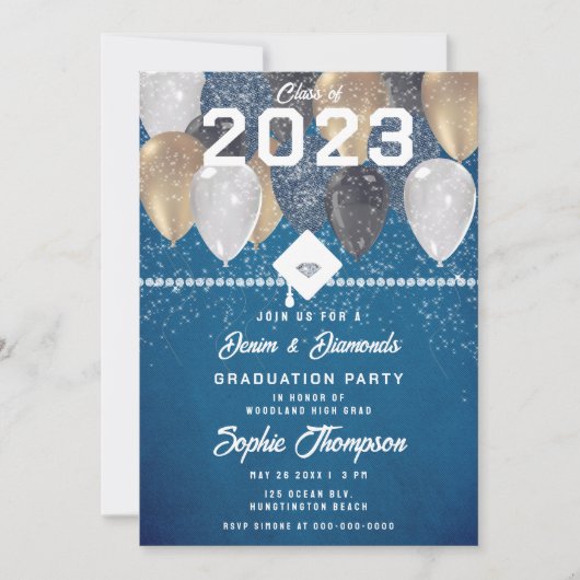 Invitation Denim Diamonds Balloons Blue Chic Graduation Party (Devant)