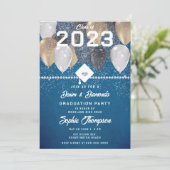Invitation Denim Diamonds Balloons Blue Chic Graduation Party (Debout devant)