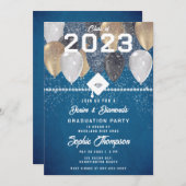 Invitation Denim Diamonds Balloons Blue Chic Graduation Party (Devant / Derrière)