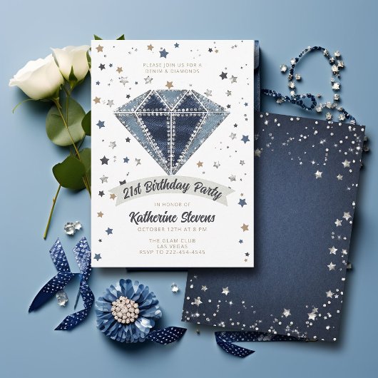 Invitation Denim Diamonds Blanc Bleu Parties scintillant 21e