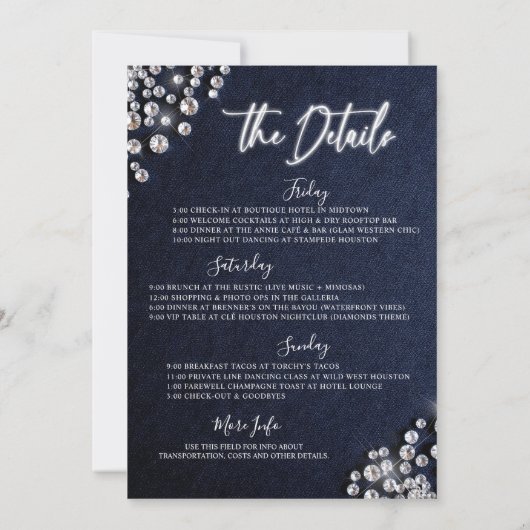 Invitation Denim Diamonds bleu blanc Bachelorette Itinéraire (Dos)