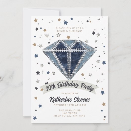 Invitation Denim Diamonds Bleu Blanc Parties scintillant 30e  (Devant)