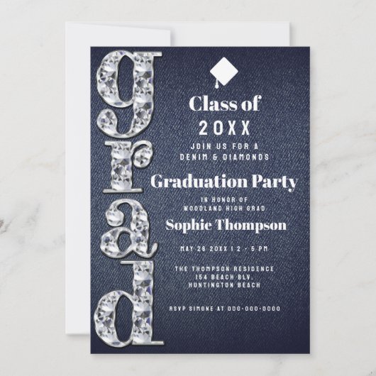 Invitation Denim Diamonds Bling 2023 Chic Graduation Party (Devant)